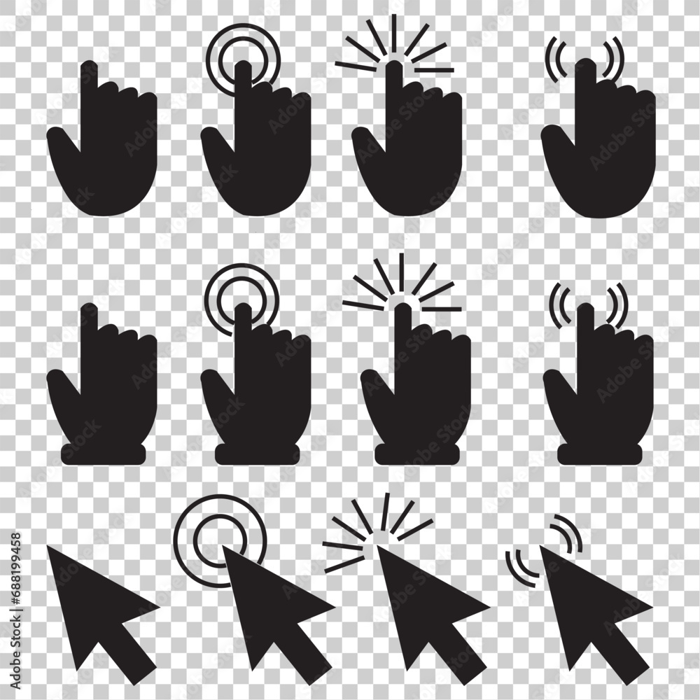 Poster pointer click hand icon set of 12, computer mouse click cursor, cursors icons click set. clicking cu