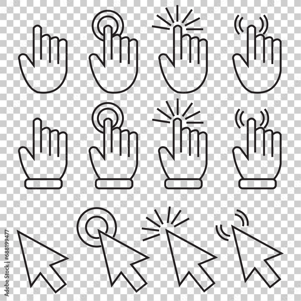 Poster pointer click. hand pointer icons. cursor arrow icon. pointer click icon set of 16, clicking finger.
