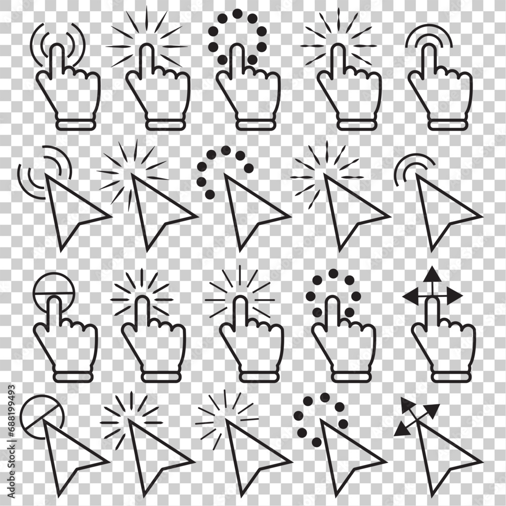 Poster pointer click icon set of 20. clicking cursor, pointing hand clicks and waiting loading icons. websi