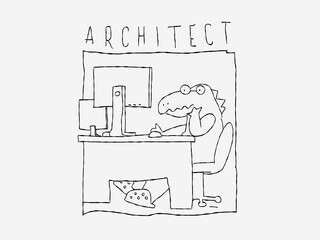 Dinosaur in the office, Cartoon style, Doodles draw.