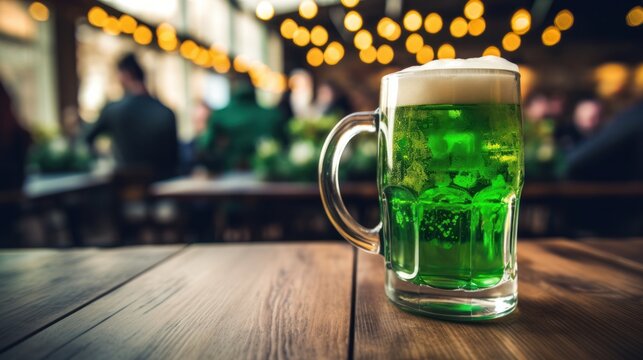 A festive St. Patrick's Day image with a green beer mug and a shamrock on a wooden table