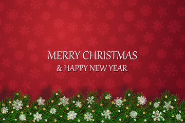 Fototapeta premium Christmas banners with decorated branches. With snow on a red background. Festive header design. Concept for holiday, winter holidays, New Year, Christmas
