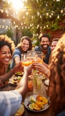 A group of friends cheers to warmer weather and good times in a festive outdoor setting.