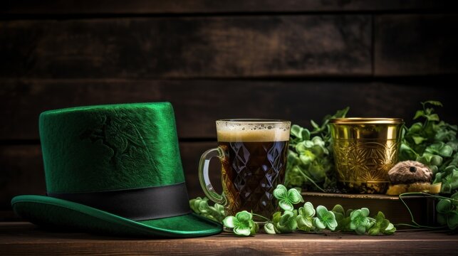 A fun St. Patrick's Day image with a green top hat, shamrocks,