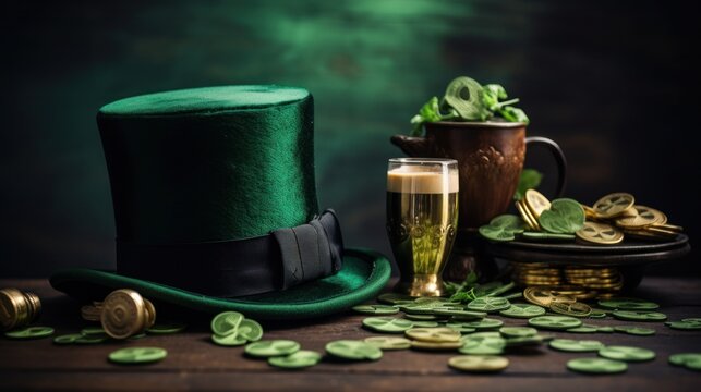 A fun St. Patrick's Day image with a green top hat, shamrocks,