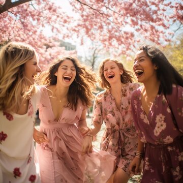 a group of joyful friends dance and laugh under a canopy of cherry blossom trees.