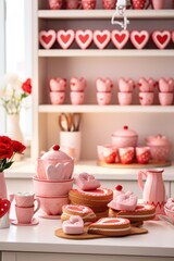 A kitchen decorated with heart-shaped cookie cutters, red and pink utensils,
