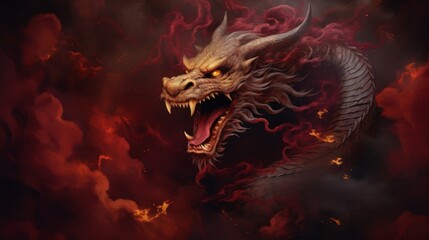 A majestic Chinese dragon with golden scales and fierce eyes,