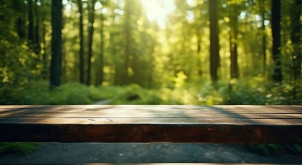 a natural wooden table in the forest,