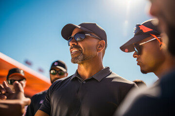 Coach in cap and sunglasses among players. Sports strategy, talking for teamwork, planning training schedule. Together on the field, a group of healthy athletes with a coach to talk about the game or