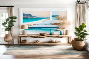 A coastal-inspired entry with a driftwood console table, framed beach landscapes, and a sandy-hued rug reminiscent of a boardwalk - obrazy, fototapety, plakaty