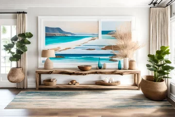 Papier Peint photo Descente vers la plage A coastal-inspired entry with a driftwood console table, framed beach landscapes, and a sandy-hued rug reminiscent of a boardwalk