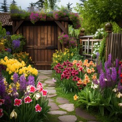 Fototapeta na wymiar A picturesque spring garden with a rustic wooden gate and a variety of colorful flowers,