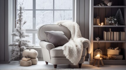 A reading nook with a comfortable armchair and a bookshelf filled with winter-themed reads,