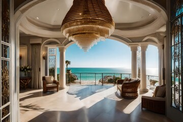 The grand entrance of a coastal mansion, adorned with a cascading chandelier, elegant wicker furniture, and panoramic views of the beach
