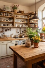 A rustic and inviting kitchen, complete with wooden countertops and vintage decor,