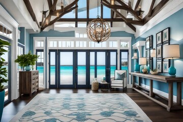 A coastal grand entryway with weathered wood accents, a statement nautical light fixture, and a welcoming ocean-inspired color palette