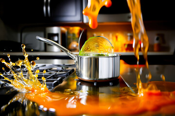 A saucepan with a splash of water stands on the table in the complete chaos of a dirty kitchen surface.