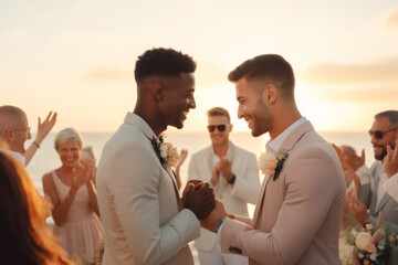 Handsome gay couple holding hands during outdoor marriage ceremony near the sea. Two lovers hate men.LGBTQ theme.generative ai