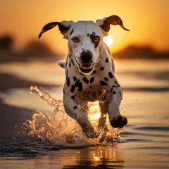 Zelfklevend Fotobehang Dalmatian Delight: Frisbee Fun on a Sunset Beach © Luiz