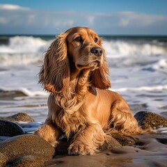 Beachside Serenity: Cocker Spaniel and the Crashing Waves