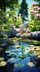 Naklejka premium A serene spring garden with a pond and lily pads,
