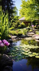 Fototapeta premium A serene spring garden with a pond and lily pads,