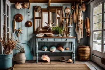 The entry of a coastal cottage, adorned with shiplap walls, a vintage entry table, and a collection of seashells and beach treasures