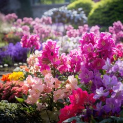 Obraz premium A stunning spring garden with vibrant pink and purple flowers in full bloom,