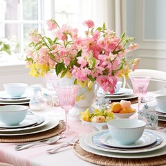 Obraz na płótnie Canvas A table decorated with fresh flowers and pastel-colored tableware invites guests to a lively spring gathering.