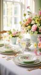 Fototapeta na wymiar A table decorated with fresh flowers and pastel-colored tableware invites guests to a lively spring gathering.