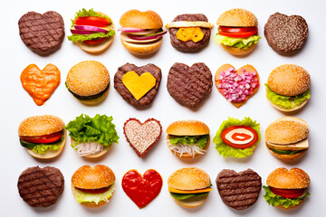 Top view of a set of individual ingredients for hamburgers and sandwiches on a light background.