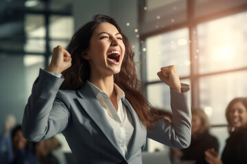 Excited young business woman celebrating success in victory with raised hands, happy euphoria proud woman professional winner feeling satisfied with corporate work standing in office.generative ai - obrazy, fototapety, plakaty