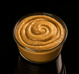 Mustard in glass bowl isolated on black background