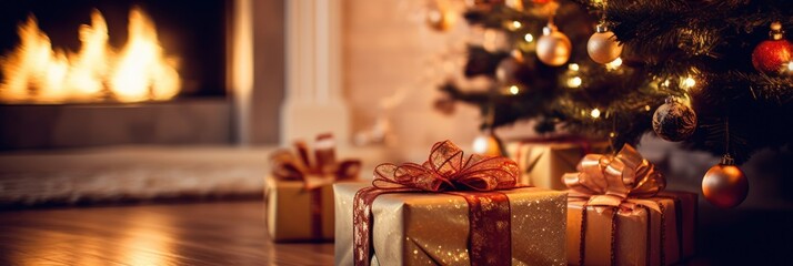 Fototapeta na wymiar Christmas festive blur background. Magic glowing tree, fireplace, gifts