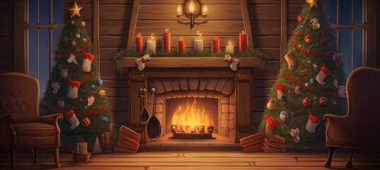 a wooden table with christmas trees and fireplace in front of it,