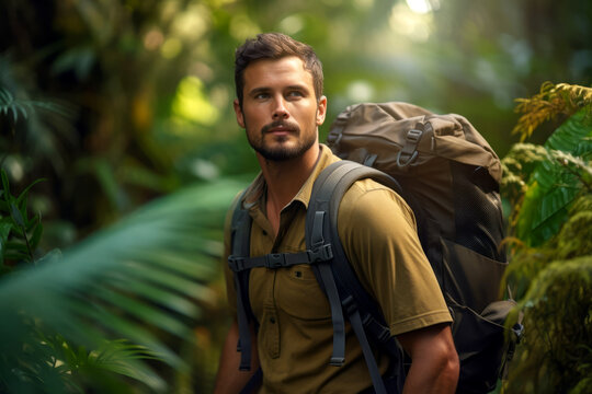 Portrait of young smiling hiker with backpack walking through dense jungle forest, happy hiker or guide alone in the forest on summer day, wearing short green shirt.generative ai