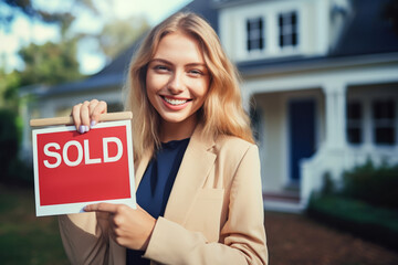 Real estate agent holding sold sign against house background. Beautiful cheerful caucasian sales agent or real estate owner smiling confidently in beige suit.generative ai - obrazy, fototapety, plakaty