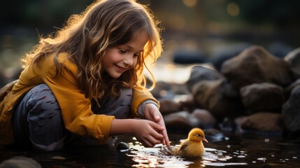 A young girl beams with pride as she carefully balances a small and wobbly duckling in her palm - obrazy, fototapety, plakaty