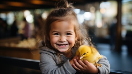 Fototapeta premium A young girl beams with pride as she carefully balances a small and wobbly duckling in her palm