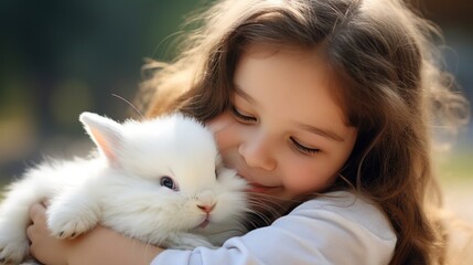 A young girl gently cradles a fluffy white bunny, both with peaceful expressions on their faces.
