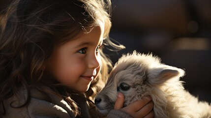 A young girl looks on in wonder as a baby goat nuzzles affectionately against her hand