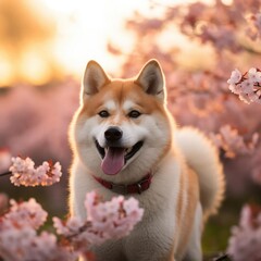 Majestic Akita Amid Cherry Blossoms at Sunset