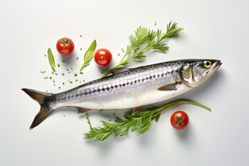 Fresh mackerel fish on a beautiful light background with tomatoes, parsley and peppercorns, top view with space for text.generative ai