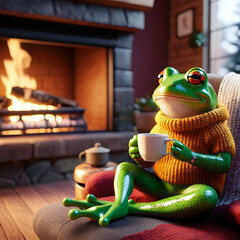It's the perfect scene for a cozy winter night. The frog is contentedly sipping tea, wearing a warm sweater. He's by the fireplace, where the flames are crackling and providing a cozy ambiance. It's a