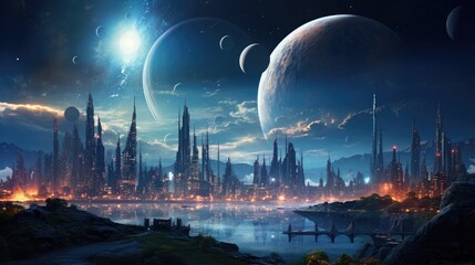 Celestial Metropolis: A Dazzling Futuristic Cityscape under the Glow of Twin Moons, Radiating with Neon Lights and Advanced Technology, Evoking Awe and Wonder.