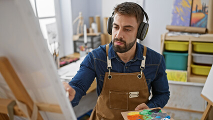 Young hispanic male artist, seriously focused at the art studio, drawing a portrait, while...