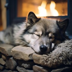 Winter Solitude: A Norwegian Elkhound Beside the Hearth