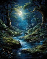 Moonlit Mystique: Mythical Forest Under Night's Spell