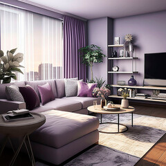 Beautiful living room, soft lilac color layout